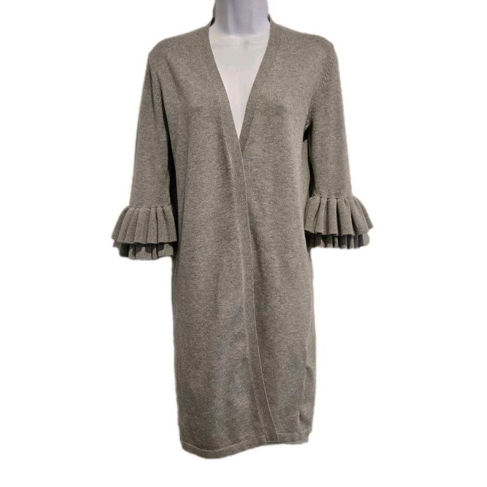 Grace Elements Women's Open Front Long Cardigan Sweater 3/4 Ruffle Sleeves Small
